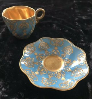 Antique Coalport Cup And Saucer Demitasse.  Stunning Light Blue And Gold 6