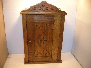 Antique Oak Wall Spice Display Cabinet Carved Hinged Door & Latch