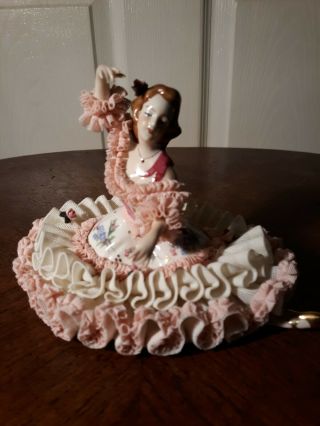 Antique Dresden Germany Pink White Lace Flowers Ballerina Figure Cond