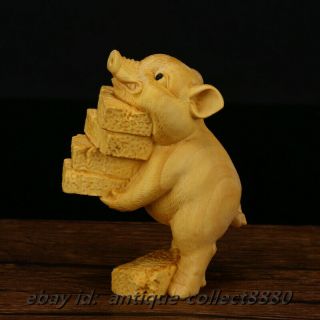 95mm Chinese Box - Wood Hand Carved Twelve Zodiac Animal Lovable Small Pig Statue