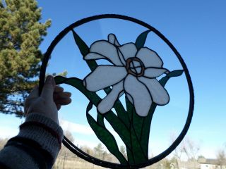 Stained Glass White Lilly Window Panel Round Sturdy And Clear Vintage