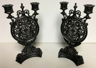 TWO (2) MATCHING ENGLISH ANTIQUE VICTORIAN CAST WROUGHT IRON GOTHIC CANDLESTICKS 2