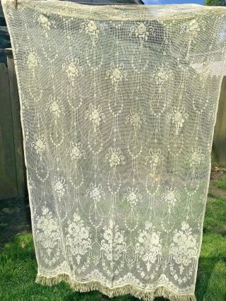 Antique Set Of 2 Different Lace Fringed Curtain Panels,  36 