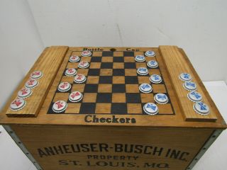 OLD WOOD ANHEUSER BUSH BEER MANCAVE BARWARE CHECKERS BOTTLE CAPS CRATE BOX 7