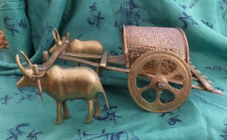 Antique Oriental Brass Water Buffalo Rice Farm Cart Wagon Cattle