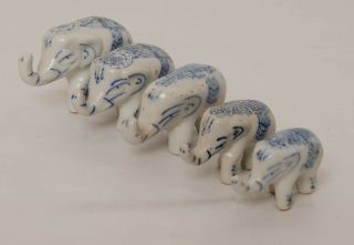 5 X Vintage Small Blue And White Ceramic Elephants