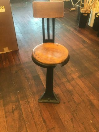 Vintage Industrial Chair Stool Cast Iron Base Antique Wood Bar Swivel Kitchen
