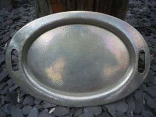 Vintage Art Deco Arts & Crafts Style Pewter Tray Oval Hammered Serving Drinks