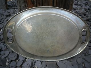 Vintage Art Deco Arts & Crafts Style Pewter Tray Oval Hammered Serving Drinks 3