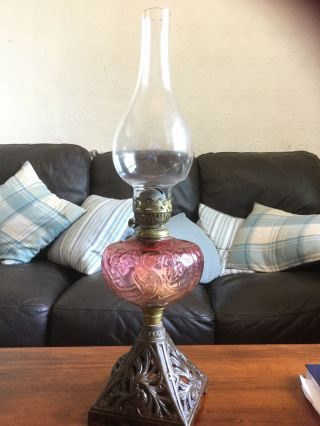 Antique Vintage Victorian Edwardian Oil Lamp Cast Base Cranberry Glass Reservoi