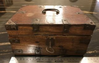 Antique Unusual Walnut,  Oak And Iron Wooden Stongbox With Key And Lock