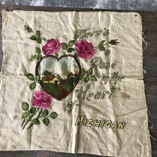 Art Deco Pillow Cover Heart Crewel Work Silk Early 1900 Michigan Embroidered