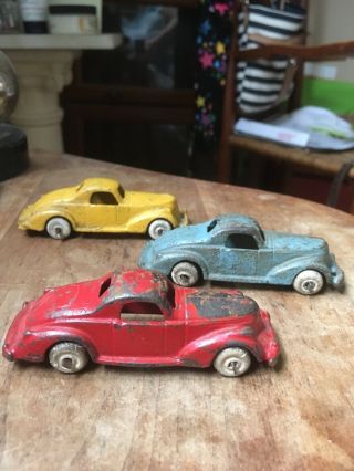 1930s (3) Hubley 2247 Cast Iron Blue,  Red & Yellow Coupe 3.  5 " Car