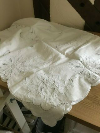 Large White Linen Madeira Embroidered Tablecloth