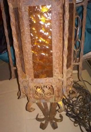 Vtg Antique Wrought Iron Spanish Revival Gothic Stained Glass Hanging Swag Lamp 2
