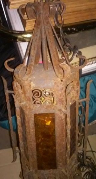 Vtg Antique Wrought Iron Spanish Revival Gothic Stained Glass Hanging Swag Lamp 3