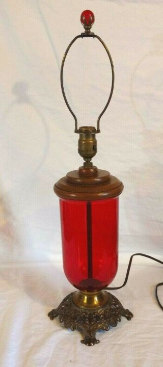 Antique Ruby Red Glass,  Brass,  Wood Parlor Table Lamp 1936 Light By Slater 22 "