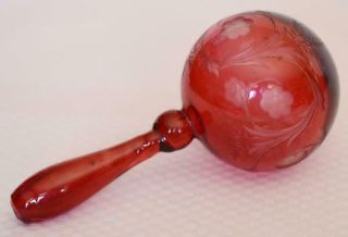 Lovely And Rare Victorian Era Etched Floral Ruby Cranberry Glass Darning Ball