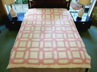 Vintage 2 - Tone Pink & White Antique Cotton Hand Sewn Garden Maze Quilt