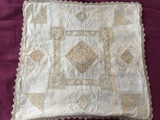 Estate Find Antique Boudoir Pillow Sham White Embroidery Figural Filet Lace