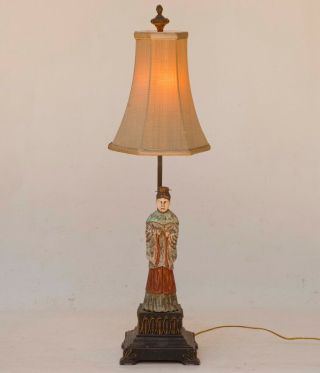 Chinese Man Figural Carved Wood Metal Table Lamp & Shade