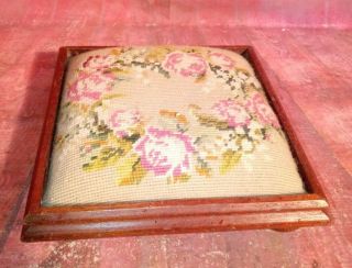 Vintage Square Old Wooden Foot Stool Tapestry Floral Kneeling Seat Prop