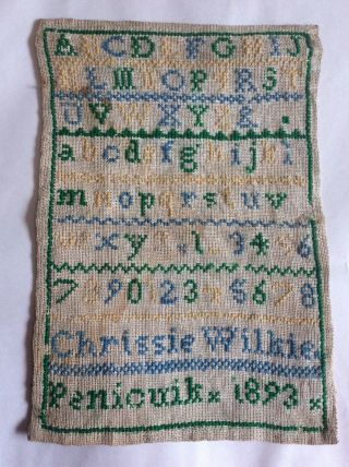 Antique 1893 Embroidery Sampler Abc’s Cross Stitch.  C.  Wilkie.  Penicuik Scotland