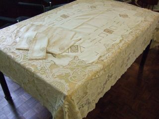 Antique Linen Filet Lace Embroidered Tablecloth & 12 Matching Napkins 2
