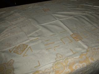 Antique Linen Filet Lace Embroidered Tablecloth & 12 Matching Napkins 5