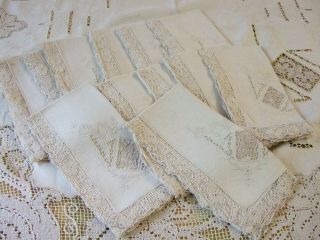 Antique Linen Filet Lace Embroidered Tablecloth & 12 Matching Napkins 7