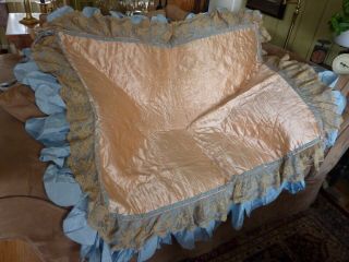 Antique French Silk & Tambour Lace Baby Quilt Coverlet: