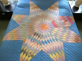 Vintage Feed Sack Hand Pieced & Quilted Lone Star Quilt,  Wonderful Prints,  Good