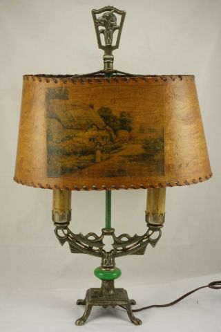 Antique Art Deco Cast Iron Two Light Table Lamp Jadeite Griffin Finial