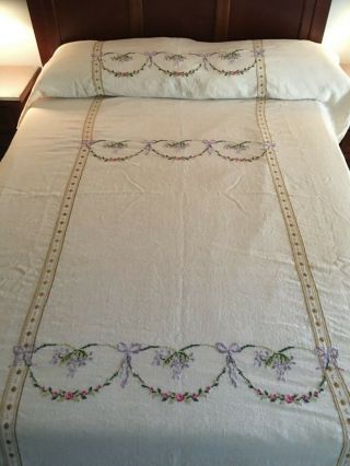 Antique French Farmhouse Raw Linen Embroidered Coverlet Or Spread,  Signed,  Dated