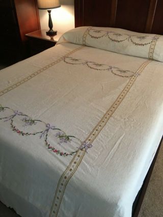 Antique French Farmhouse Raw Linen Embroidered Coverlet or Spread,  SIGNED,  DATED 2