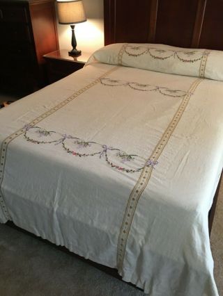 Antique French Farmhouse Raw Linen Embroidered Coverlet or Spread,  SIGNED,  DATED 3