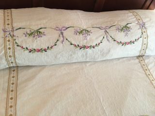Antique French Farmhouse Raw Linen Embroidered Coverlet or Spread,  SIGNED,  DATED 5