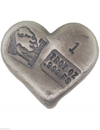 1 Troy Ounce.  999 Fine Silver Hand Poured Bison Bullion Fancy Bar Heart