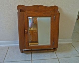 Antique Oak Wall Medicine Cabinet W/ Towel Bar & Beveled Mirror