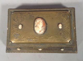 Antique Fancy Brass La Tausca Pearl Necklace Dresser Box W Eleven Inset Cameos