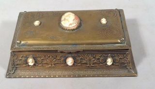 Antique Fancy Brass La Tausca Pearl Necklace Dresser Box w ELEVEN INSET CAMEOS 3