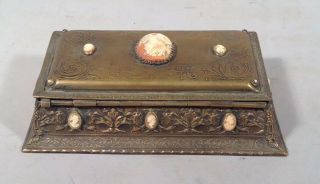 Antique Fancy Brass La Tausca Pearl Necklace Dresser Box w ELEVEN INSET CAMEOS 5