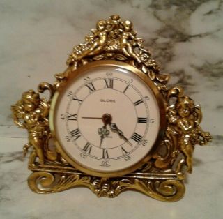 Vintage Globe Cherubs & Angels Brass Germany Wind Up Alarm Desk Bureau Clock