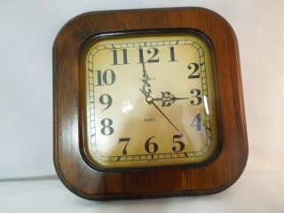 Vintage Verichron Wall Clock Square Walnut Wood Frame Glass Face Movement