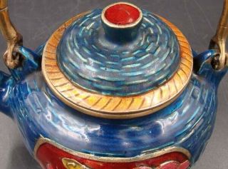 Handmade Carving Statue Brass Cloisonne Coloured drawing Teapot XuanDe Mark 3
