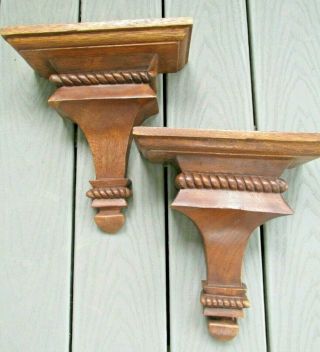 Pair Vintage Carved Wood Wall Shelf / Sconce Scrollwork Brass Hanging Hardware