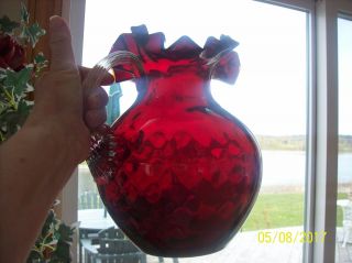 Ruby Red Beacon Glass Coin Spot Ruffled Crystal Applied Handle Water Pitcher