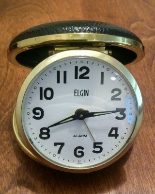 Vintage Elgin Travel Alarm Clock Round Clam Shell Styl Black Folding Case