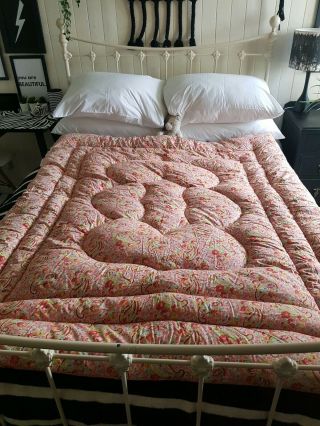 Antique Vintage Feather Paisley Eiderdown Quilt Double Bed Pink Roses