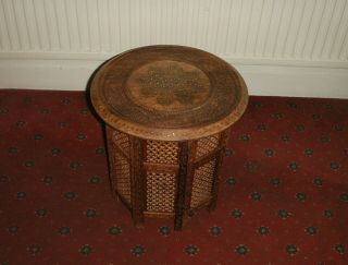 Old Vintage Carved Wooden Brass Inlaid Folding Anglo Indian Octagonal Table Wood